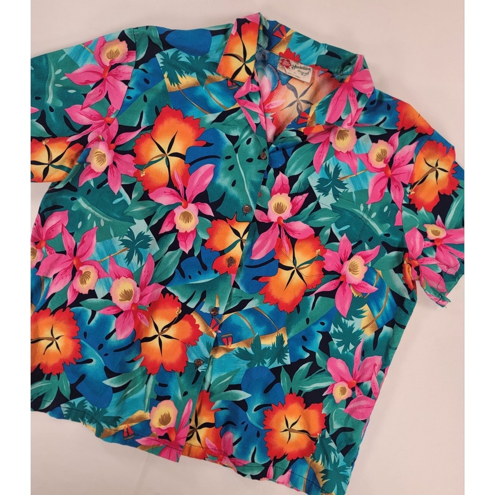 Vintage Hilo Hattie Hawaiian Shirt XL Made In Hawaii Floral Tropical Aloha